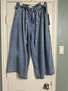 Wide Leg Light Wash Denim Pants with Tie Belt